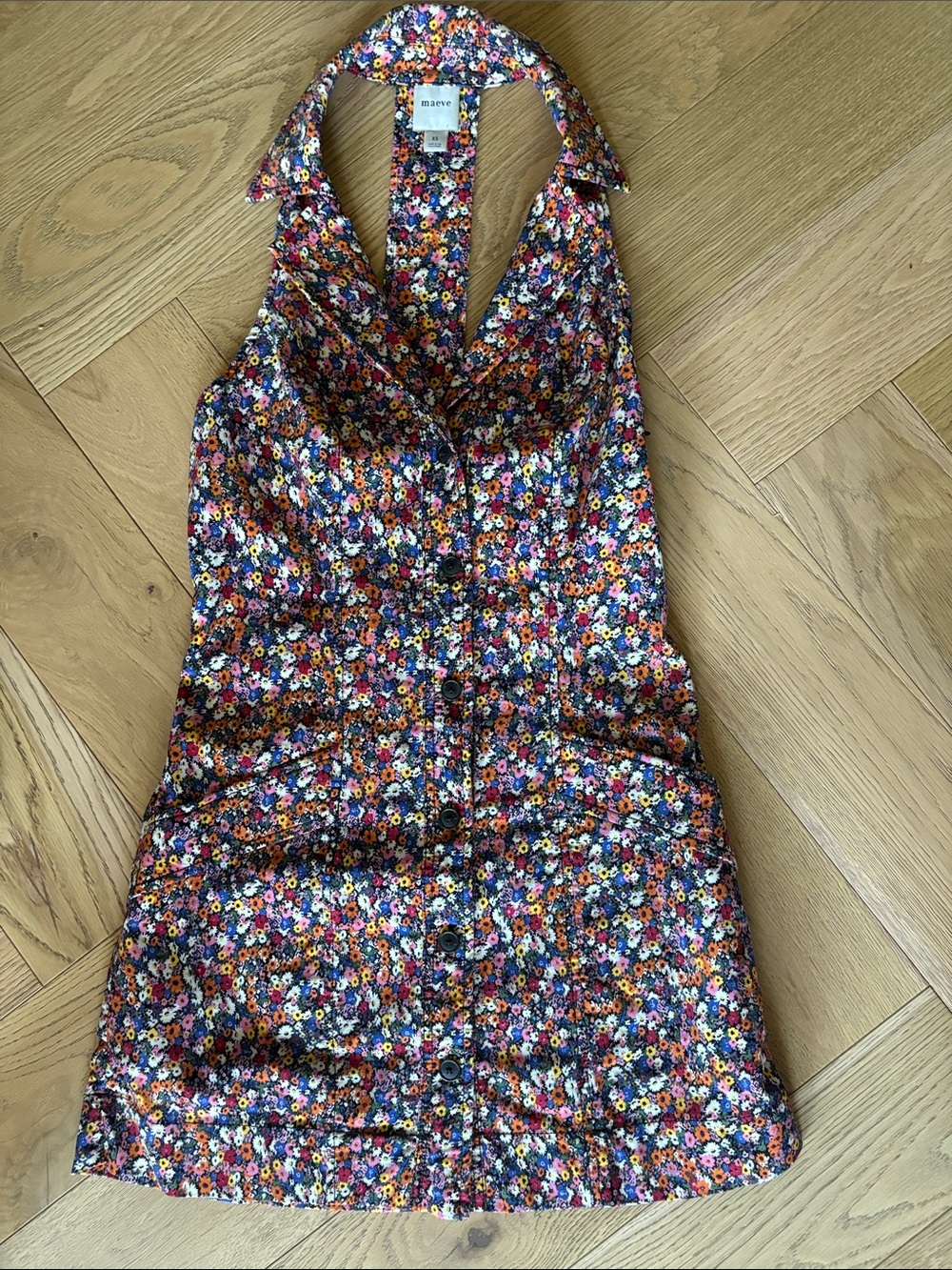 Maeve Multicolor Floral Halter Button-Front Mini Dress